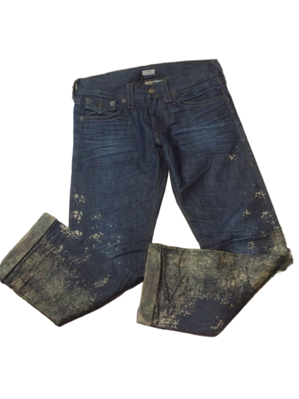 True Religion Ricky Relaxed Straight w. Flaps copper paint splatter jeans Sz 32